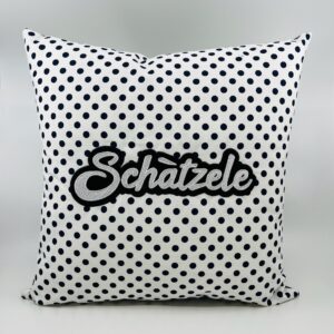 Coussin Schàtzele, tissu pois bleu marine