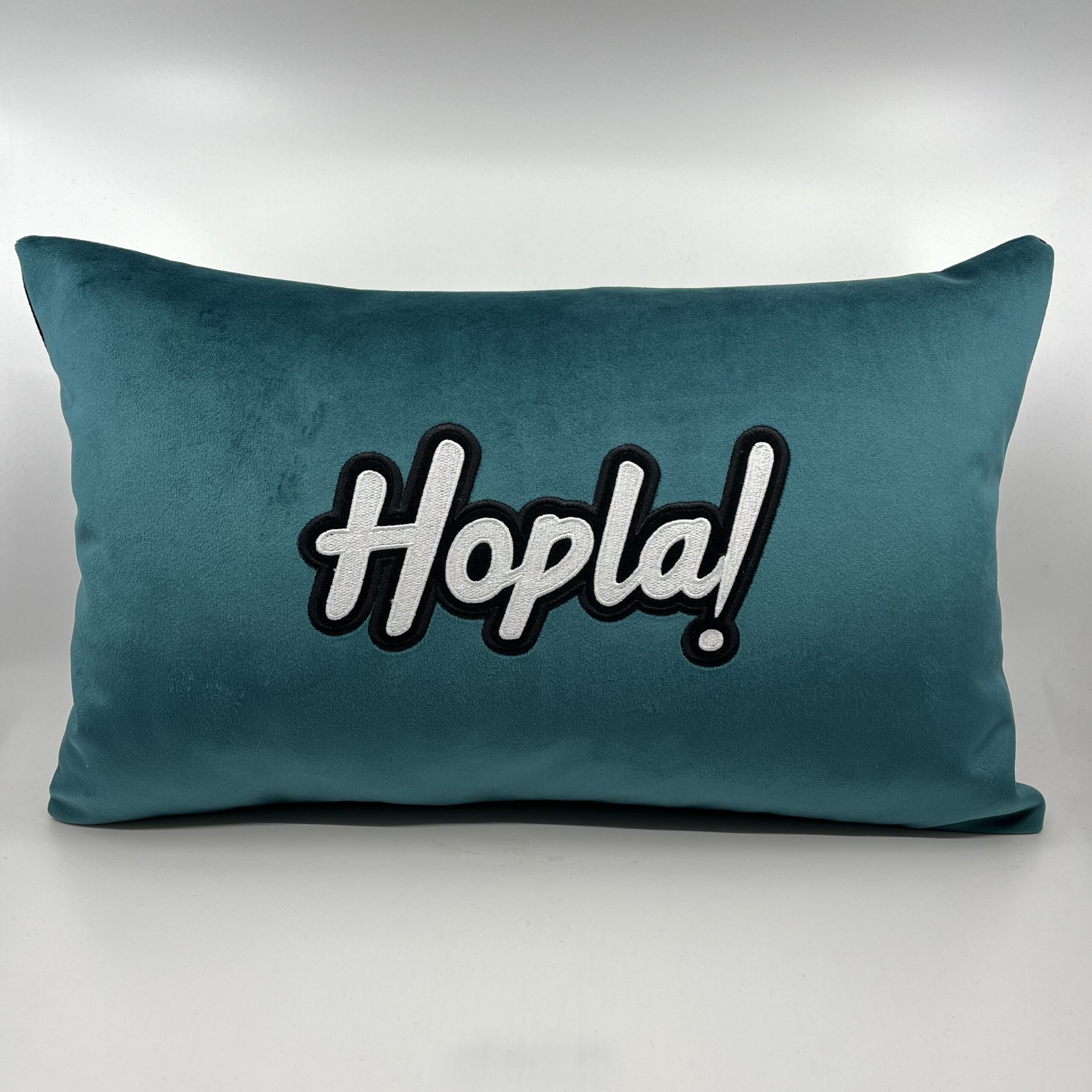 Coussin Hopla !, velours bleu canard