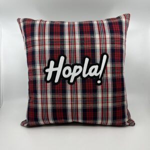 Coussin Hopla !, kelsch bleu et rouge