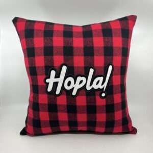 Coussin Hopla !, carreaux rouges et noirs