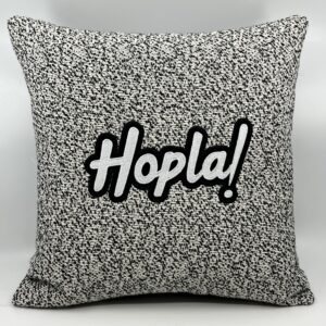 Coussin Hopla !, lainage gris.