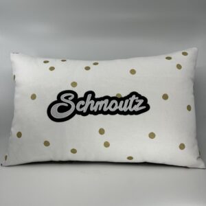 Coussin Schmoutz, toile blanche et pois dorés