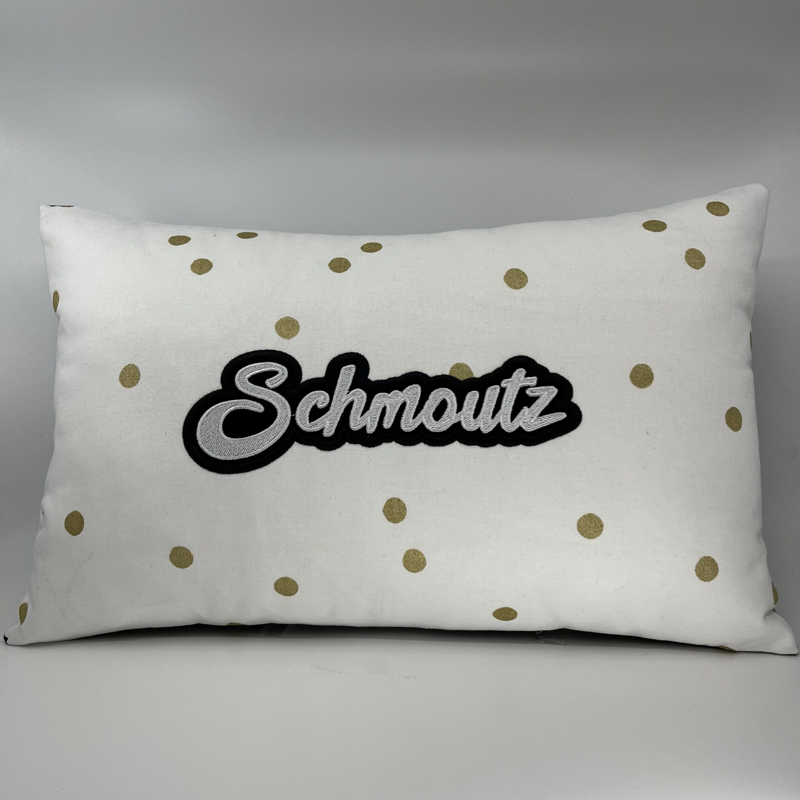 Coussin Schmoutz, toile blanche et pois dorés