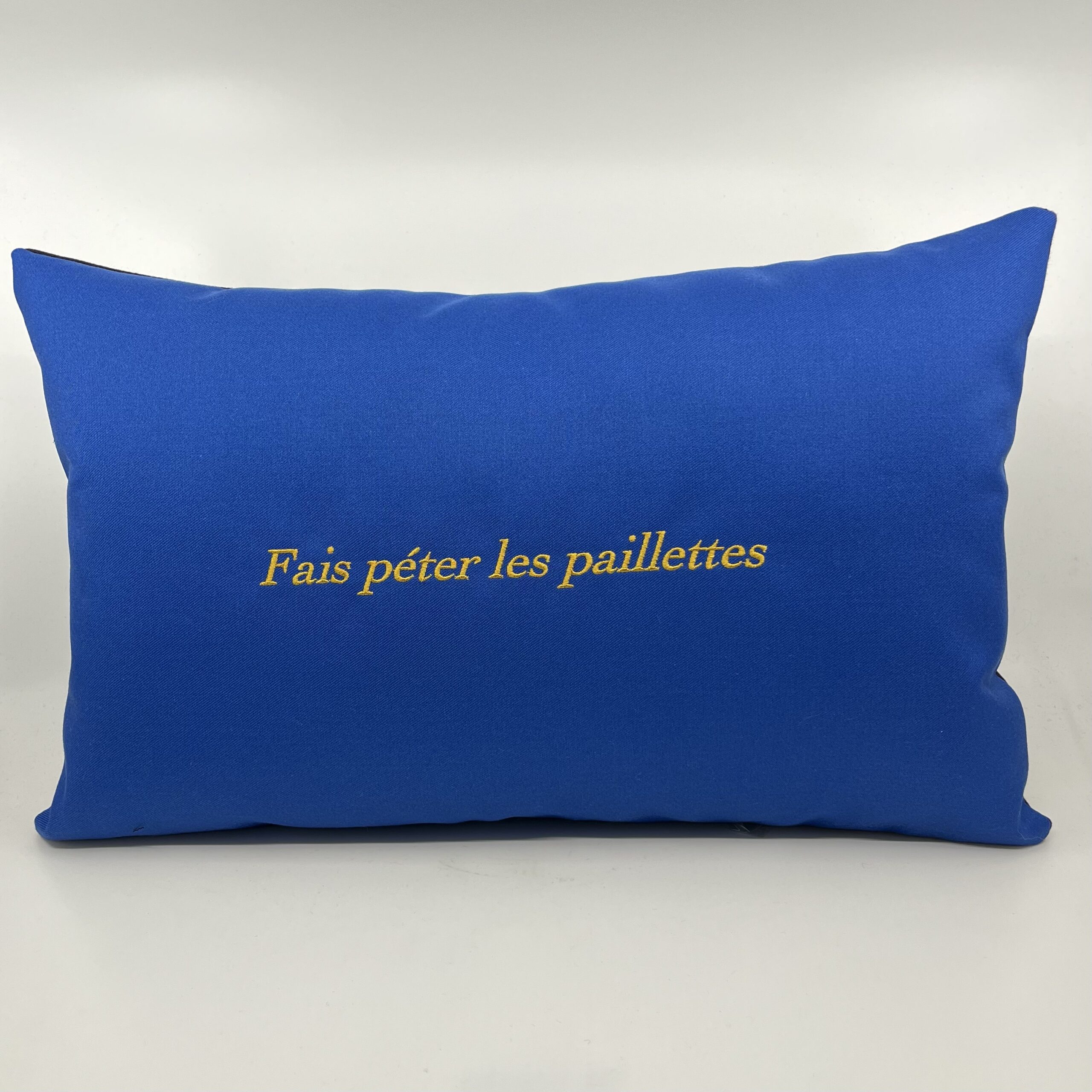 Coussin, « Fais péter les paillettes » Toile bleue