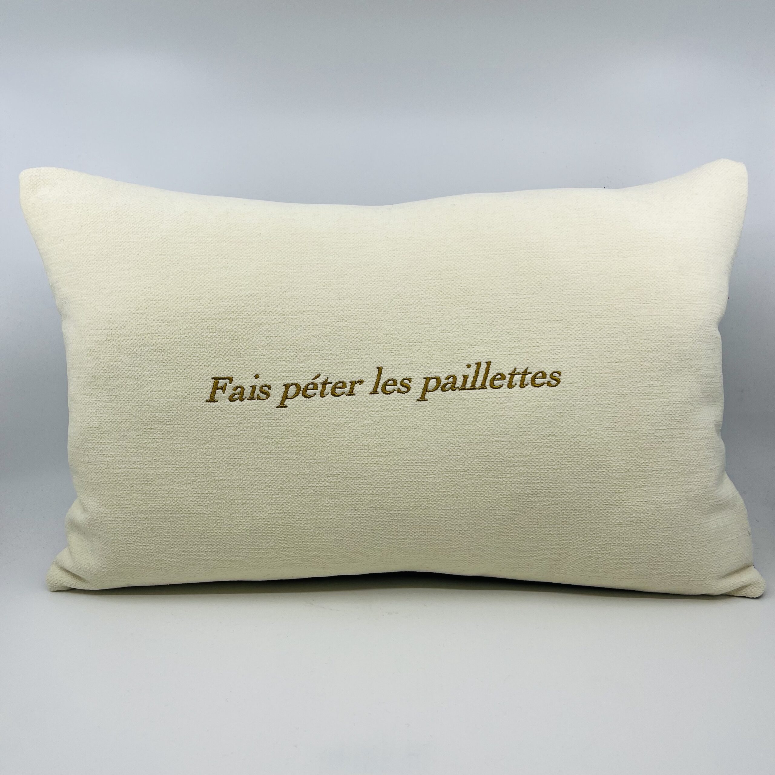 Coussin, « Fais péter les paillettes »Velours blanc