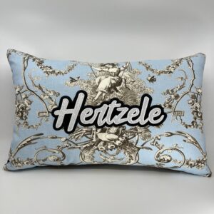 Coussin Hertzele, toile de Jouy bleue.