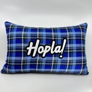 Coussin Hopla !, carreaux bleus.