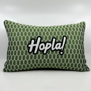 Coussin Hopla !,
Motif “Art Déco” vert.