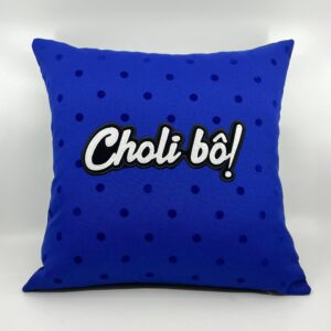 Coussin Choli bô !
Toile bleue et pois velours.