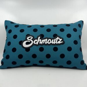 Coussin Schmoutz,
Toile bleu turquoise et pois velours noir.