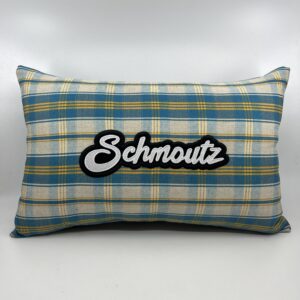 Coussin en kelsch alsacien bleu motif schmoutz