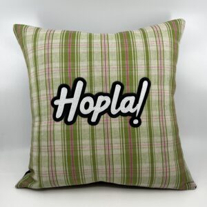 Coussin en kelsch alsacien vert motif hopla!