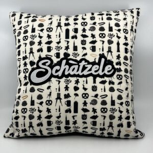 Coussin Schàtzele ! Collab’ Olivier Deichtmann.Pictos