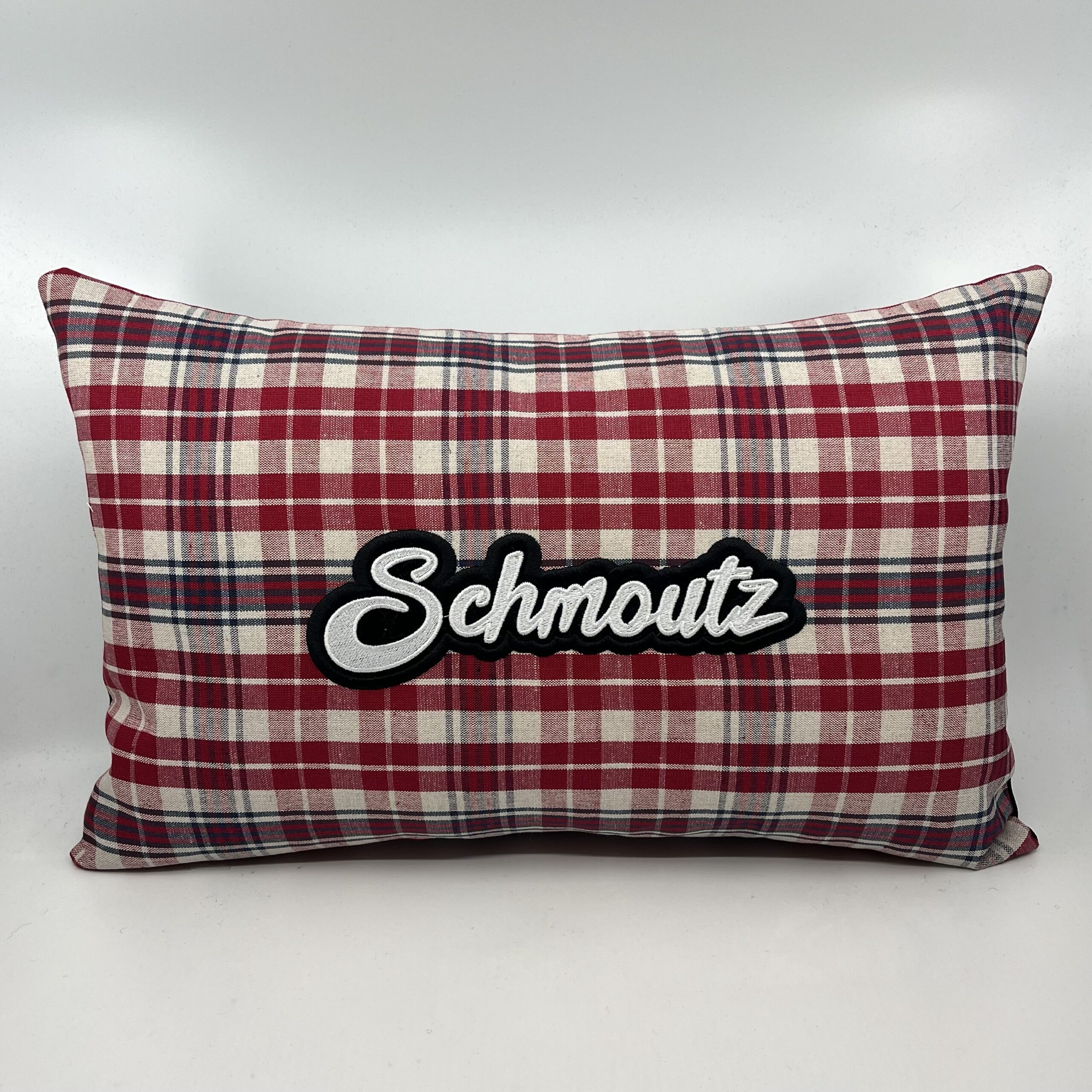 Coussin Schmoutz,
Kelsch bleu et rouge.