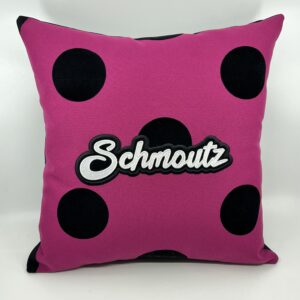 Coussin Schmoutz, 
Toile fuschia-pois velours noirs